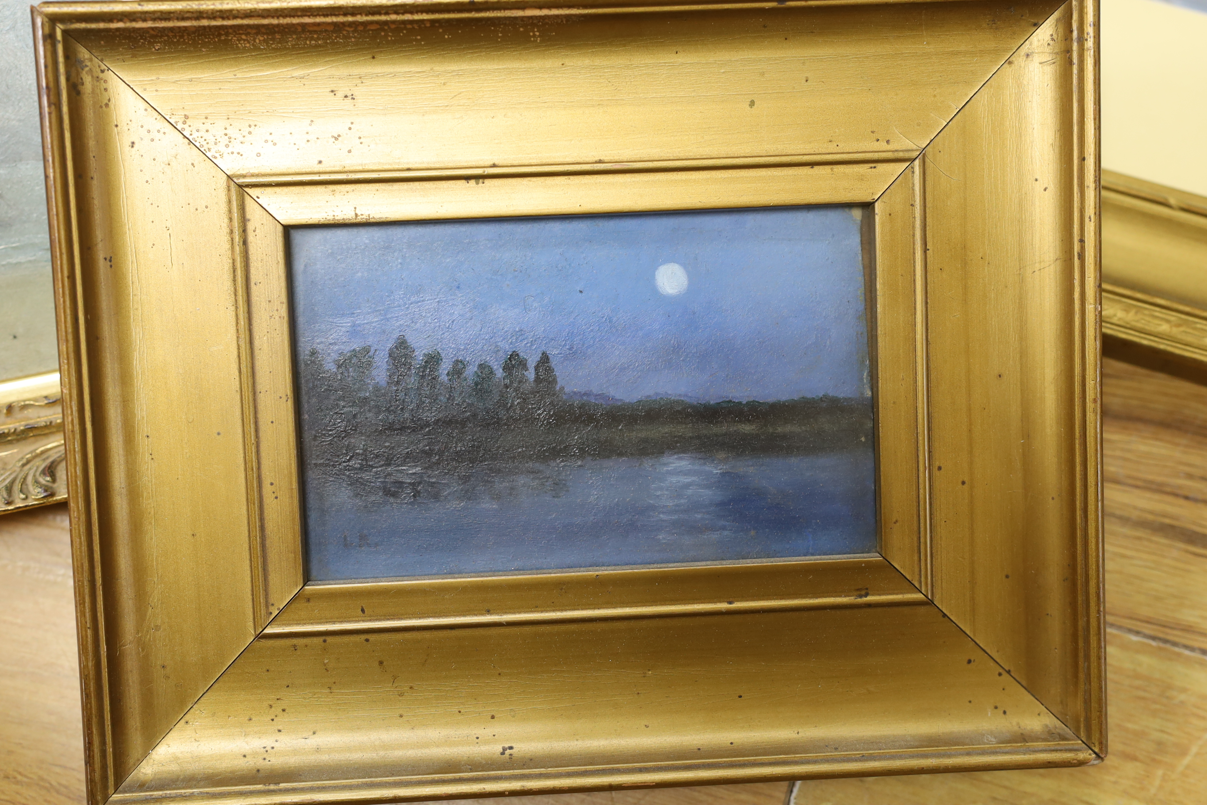 Lawrence Van Ackerman, pair of oils, Moonlit river landscapes, together with a pair of Grand Tour watercolours, a small oil on board, Coastal view and a print of a lady, largest 10 x 15cm (6)